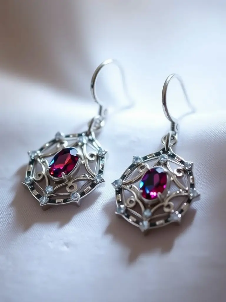 A pair of elegant silver earrings with gemstone accents on a light background.