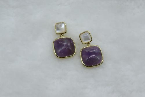 Square-Amethyst-earrings-with-chain-hand-make-Jewelry-OEM-factory-Fashion-earrings-for-gift